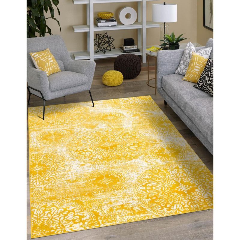 Yellow and Ivory Synthetic Low Pile Bohemian Area Rug