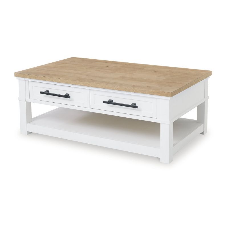 White and Natural Wood Rectangular Coffee Table with Storage