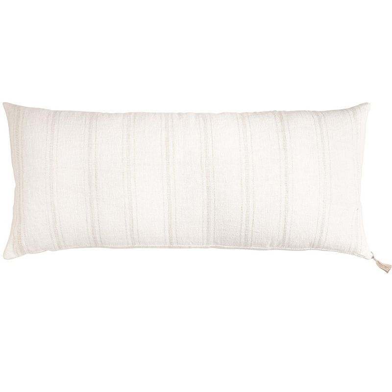 White and Beige Embroidered Linen Lumbar Pillow 15x30