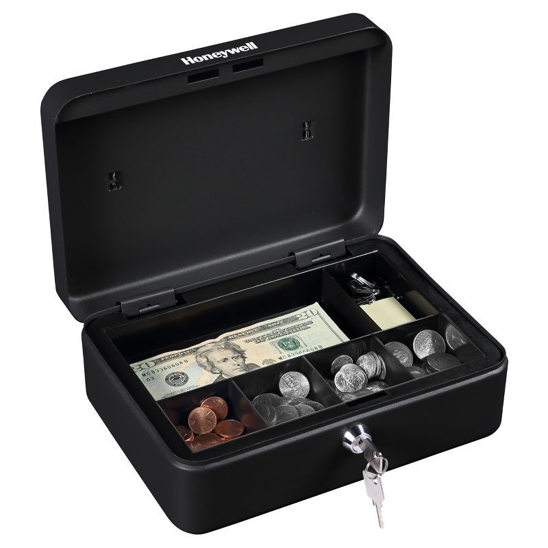 Honeywell Black Steel Cash Box with Key Lock and Removable Tray