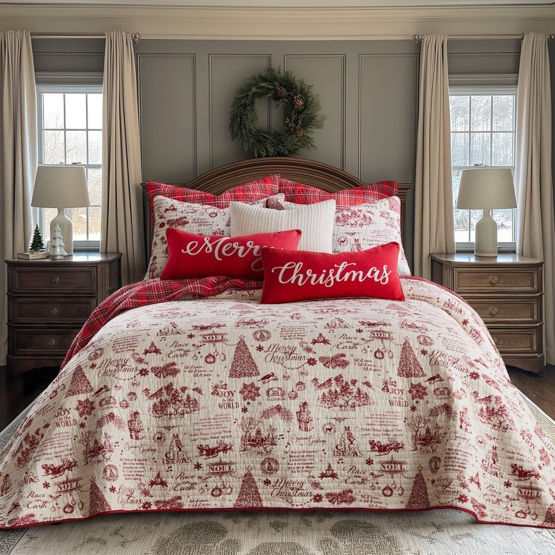 Full Red Cotton Reversible Holiday Bedspread Set