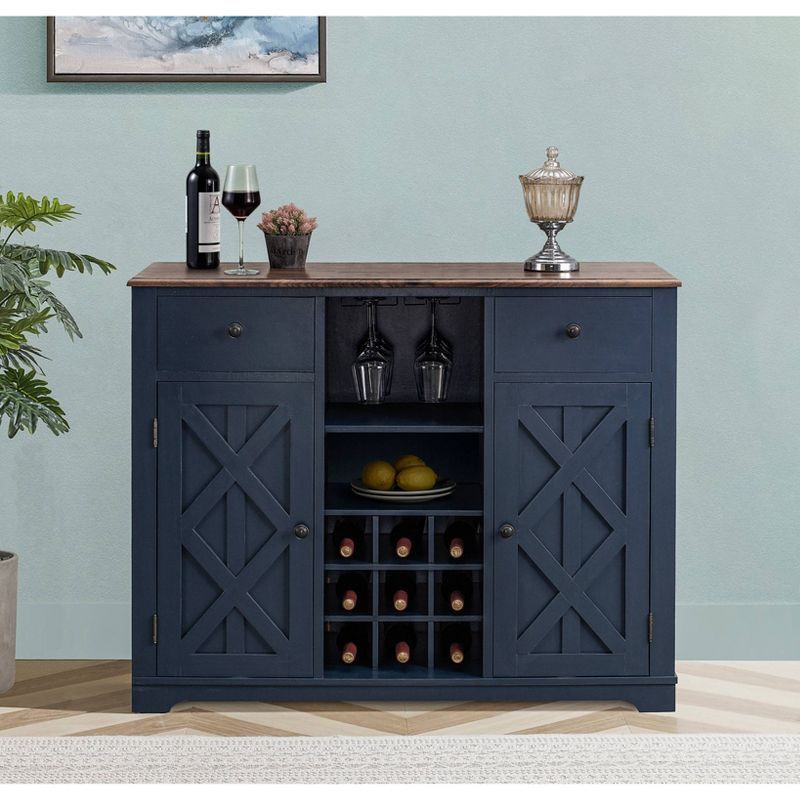 Navy Blue 47" Wood Bar Cabinet with Wine Rack and Nickel Knobs