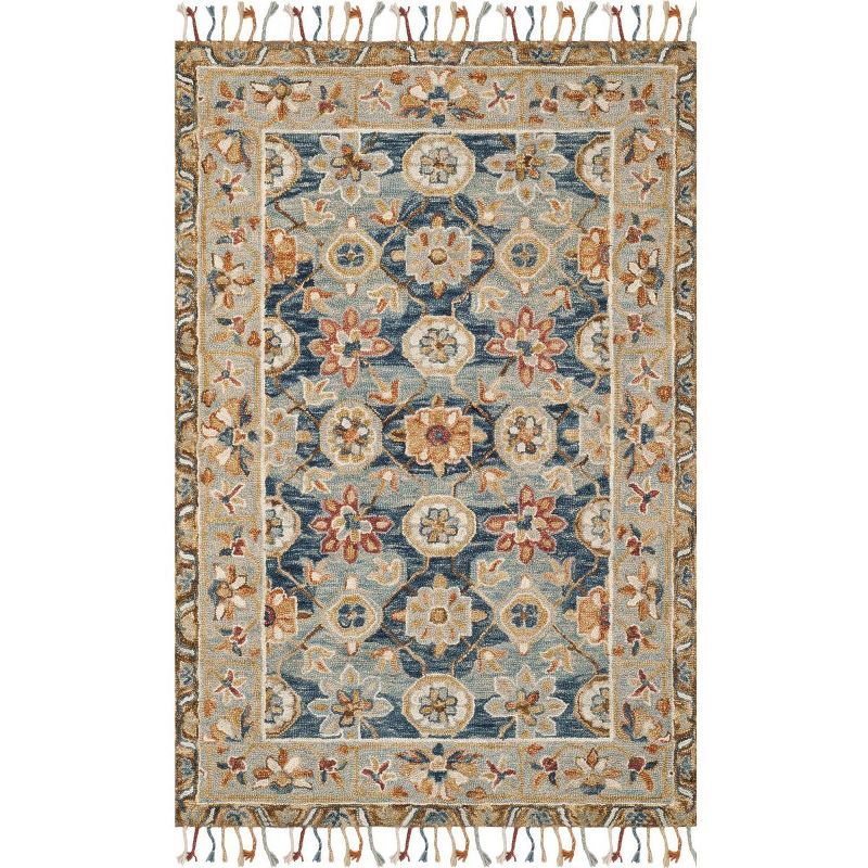 Gray and Navy Floral Handmade Wool Area Rug, 4' x 6'