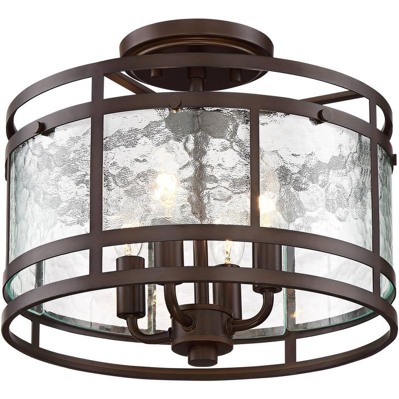 Bronze and Glass Drum Semi Flush Mount Ceiling Light