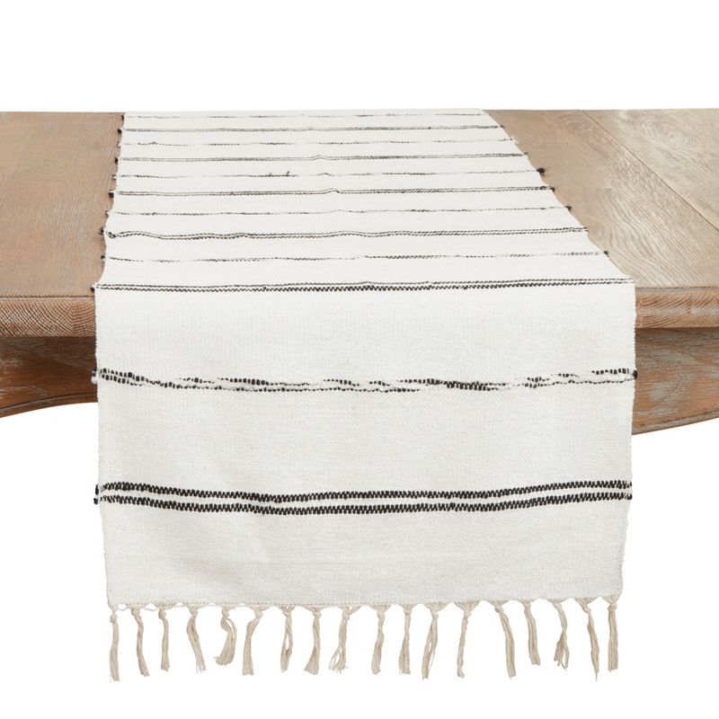 White Cotton Striped Table Runner with Fringe, 16"x72"