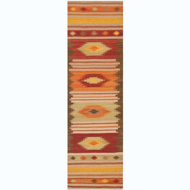 Handmade Geometric Wool Runner Rug in Brown and Multicolor