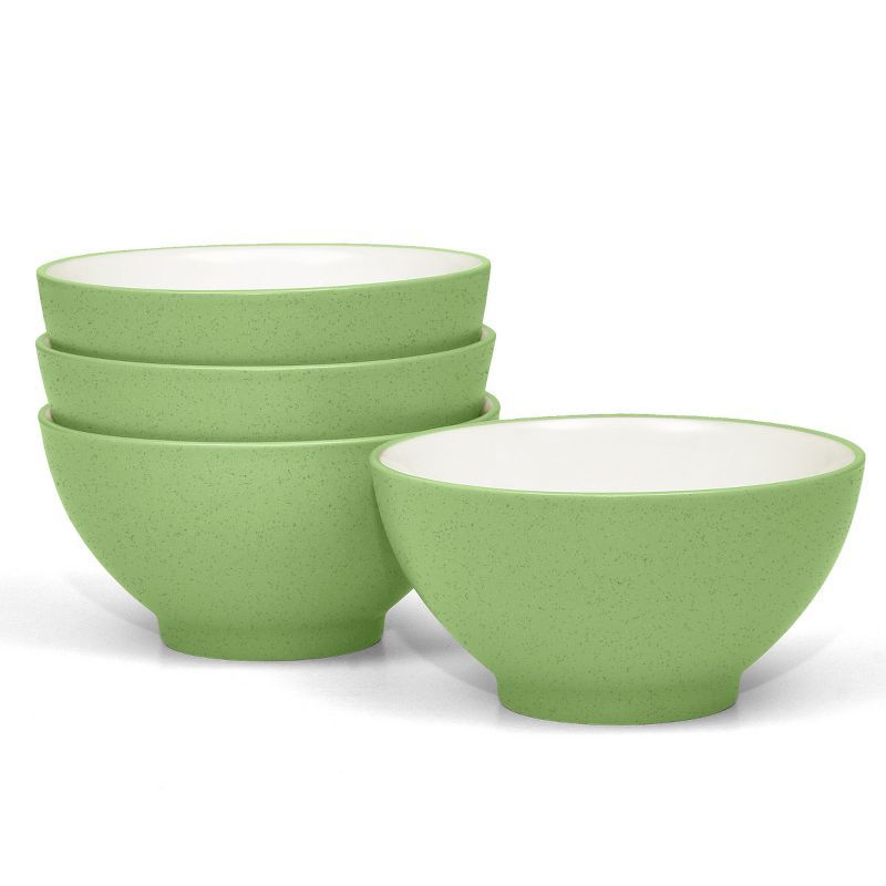 Matte Green and Cream Ceramic Rice Bowls, Set of Four