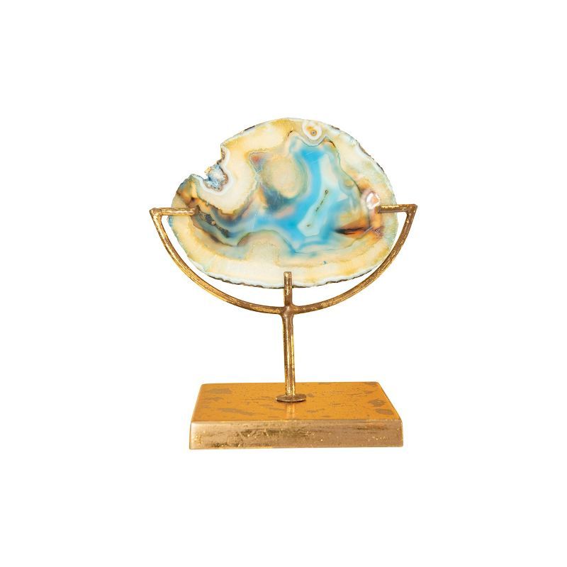 Blue Agate Stone Slice on Gold Metal Stand