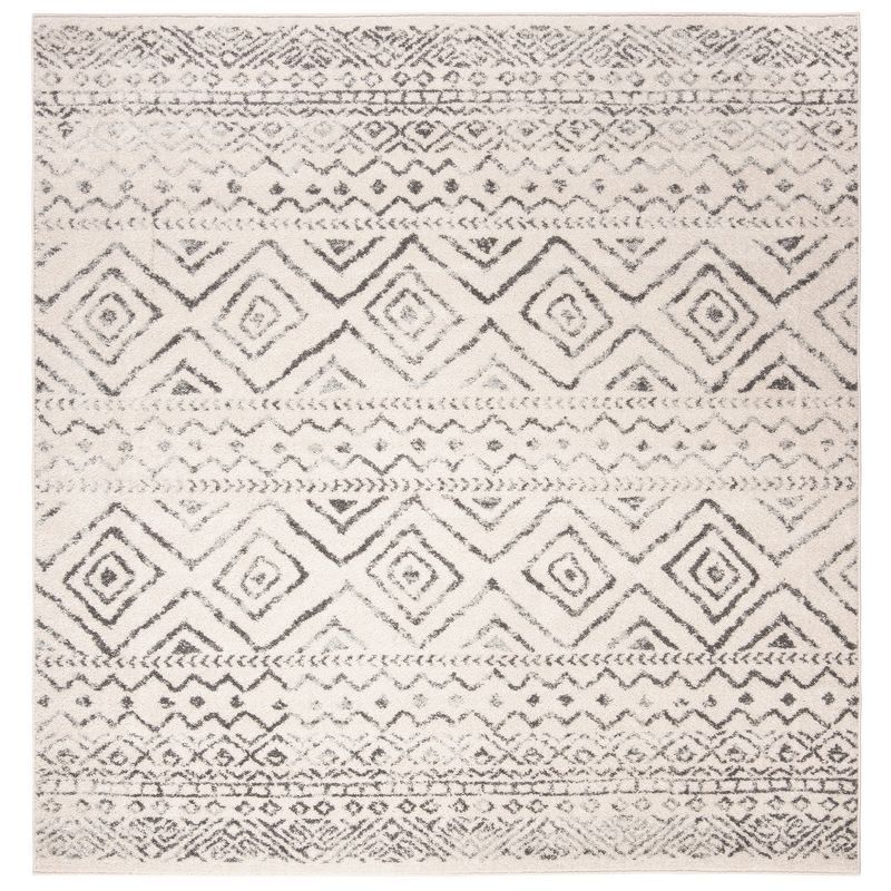 Ivory & Grey Geometric Square Synthetic Area Rug - Easy Care 9' x 9'