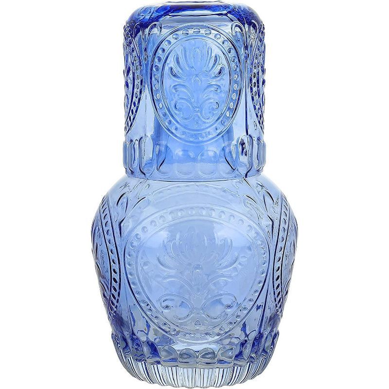 Blue Etched Glass Bedside Carafe Set with Tumbler Lid