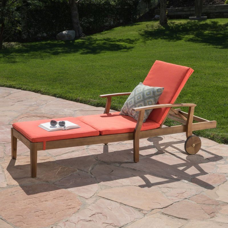 Teak and Orange Acacia Wood Outdoor Chaise Lounge with Cushions