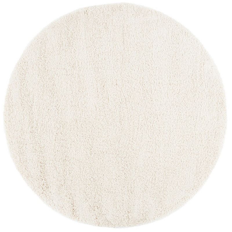 Ivory Round Shag Wool and Synthetic Area Rug