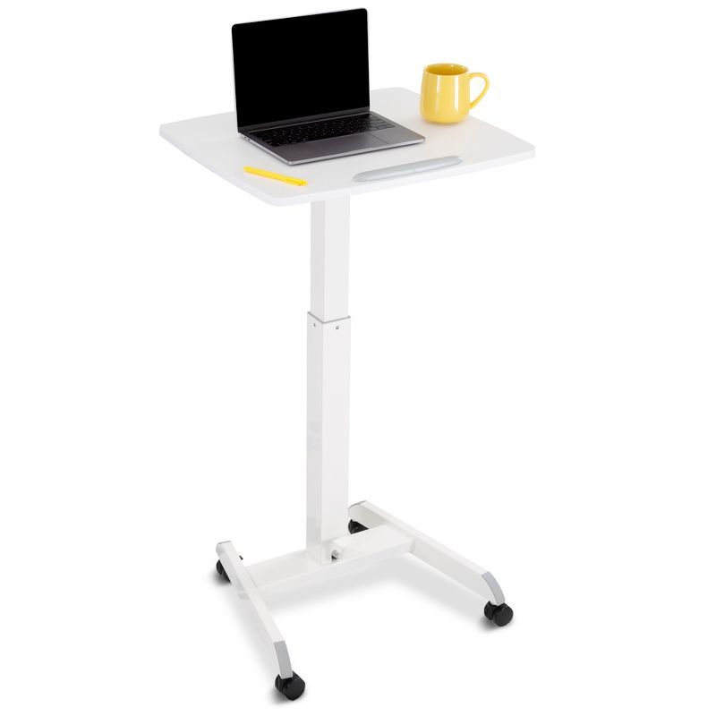 White Adjustable Mobile Podium with Pneumatic Height and Tilt