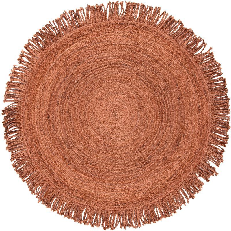 Rust Braided Handmade Round Fringed Area Rug, 5' x 5'