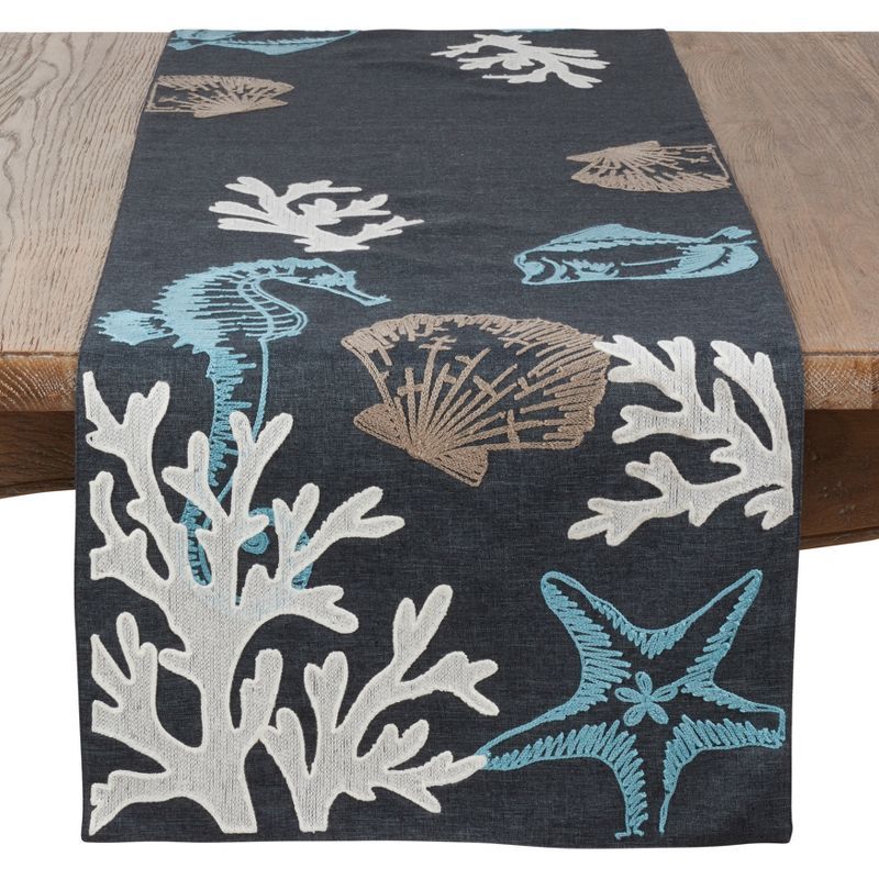 Navy Blue Coastal Sea Life Polyester Table Runner