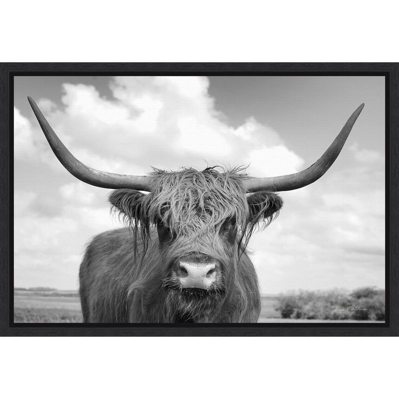 Highland Cow Black and White Framed Canvas Print 23 x 16 Inches