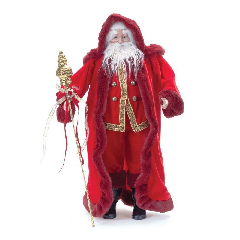 Jeweled Staff Santa with Red Fur Coat and Gold Trim, 23"H