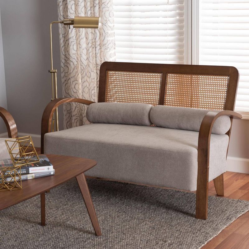 Sage Gray Velvet and Wood Loveseat with Rattan Back