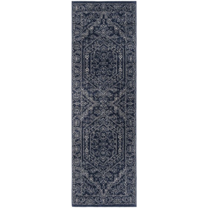 Navy and Ivory Medallion Synthetic Runner Rug, 2'6" x 8'