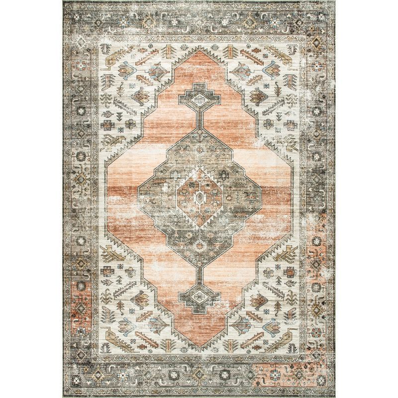 Peach Medallion Easy-Care Rectangular Synthetic Rug