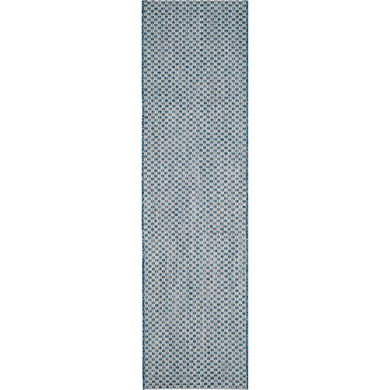 Blue and Light Grey Checkered Indoor/Outdoor Runner Rug