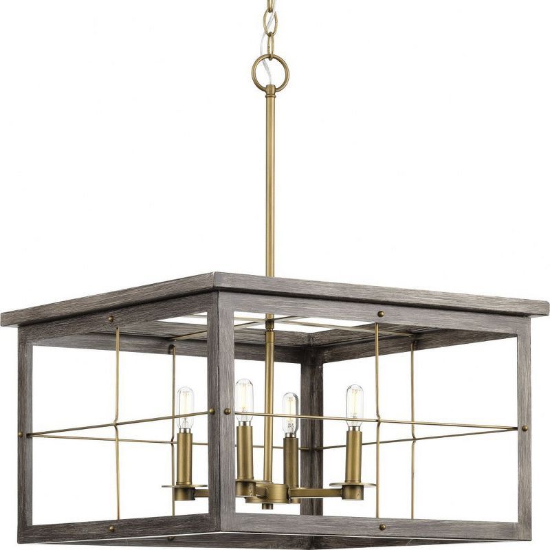 Hedgerow Distressed Brass and Oak 4-Light Chandelier