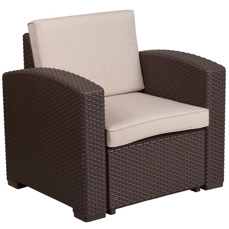 Chocolate Brown Faux Rattan Chair with Beige Cushions