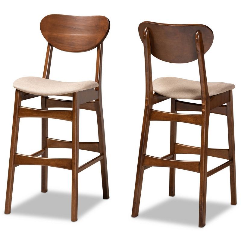 Katya Adjustable Walnut Wood Bar Stool Set in Sand Fabric