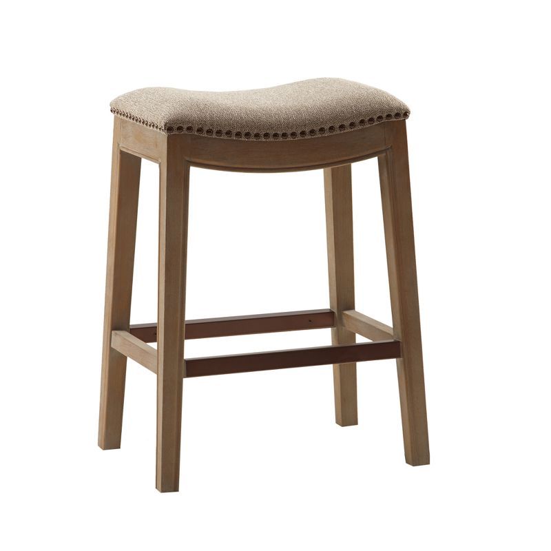 Beige Linen Saddle Style Backless Wood Counter Stool