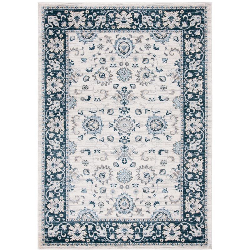 Elegant Cream/Navy Hand-Knotted Synthetic Rectangular Area Rug