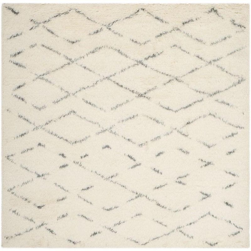 Ivory and Grey Hand-Tufted Wool Shag Area Rug, 6' x 6'