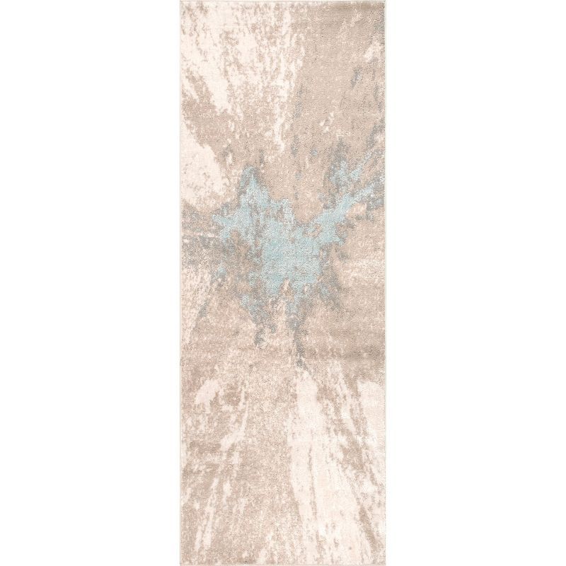 Beige and Blue Abstract Synthetic Runner Rug, 2' 6" x 6'