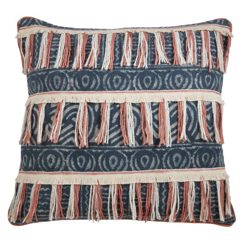 Blue Embroidered Fringed Cotton Square Pillow