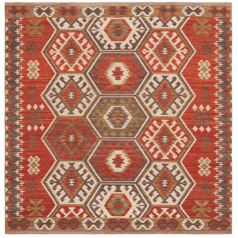 Red and Olive 6' x 6' Square Handwoven Wool Kilim Area Rug