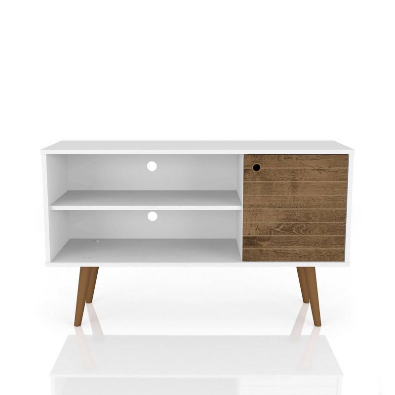 Rustic Brown and White Mid-Century TV Stand with Cabinet