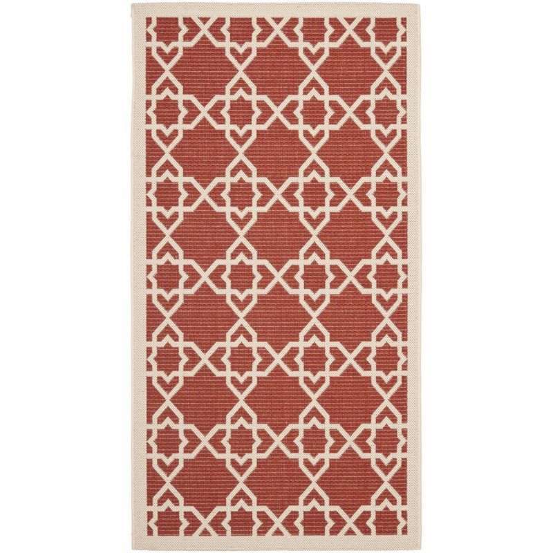 Radiant Red and Beige Easy-Care Round Synthetic Area Rug