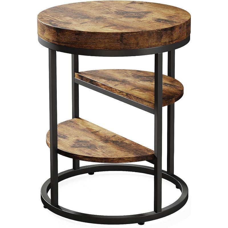 Rustic Round Wood and Metal 3-Tier End Table