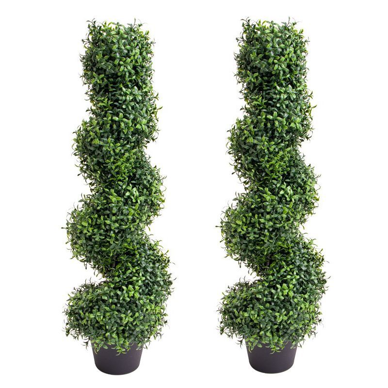 35 Inch Green Spiral Boxwood Topiary in Black Pot, Set of 2