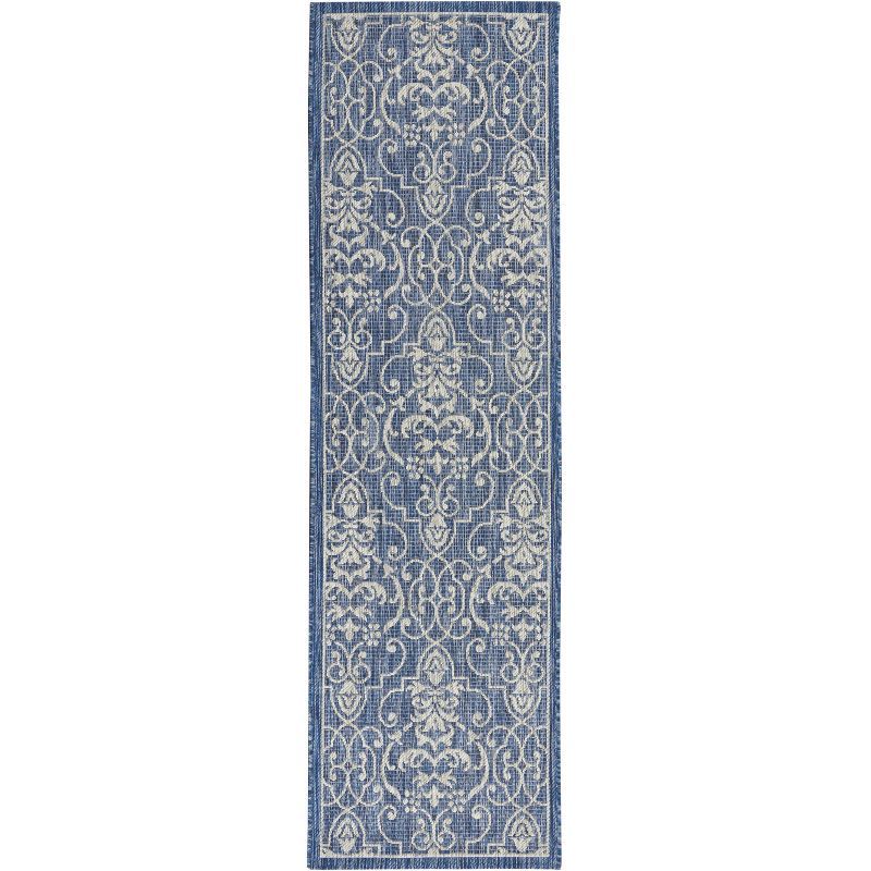 Timeless Denim and White Party Scroll 2'2" x 7'6" Indoor/Outdoor Rug