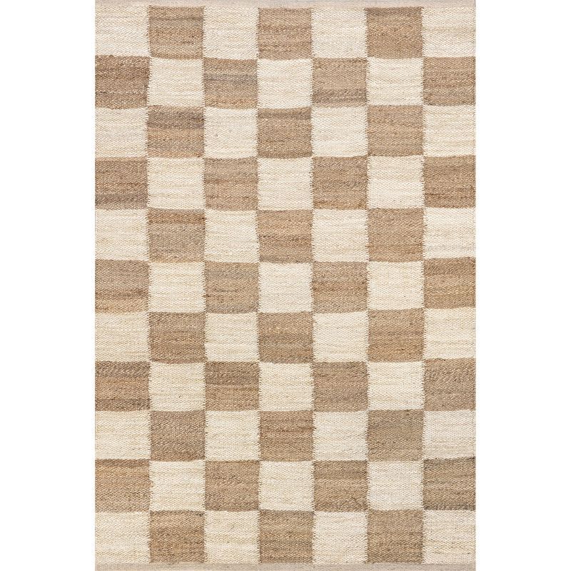 Ivory and Beige Checkered Cotton Jute Rectangular Rug