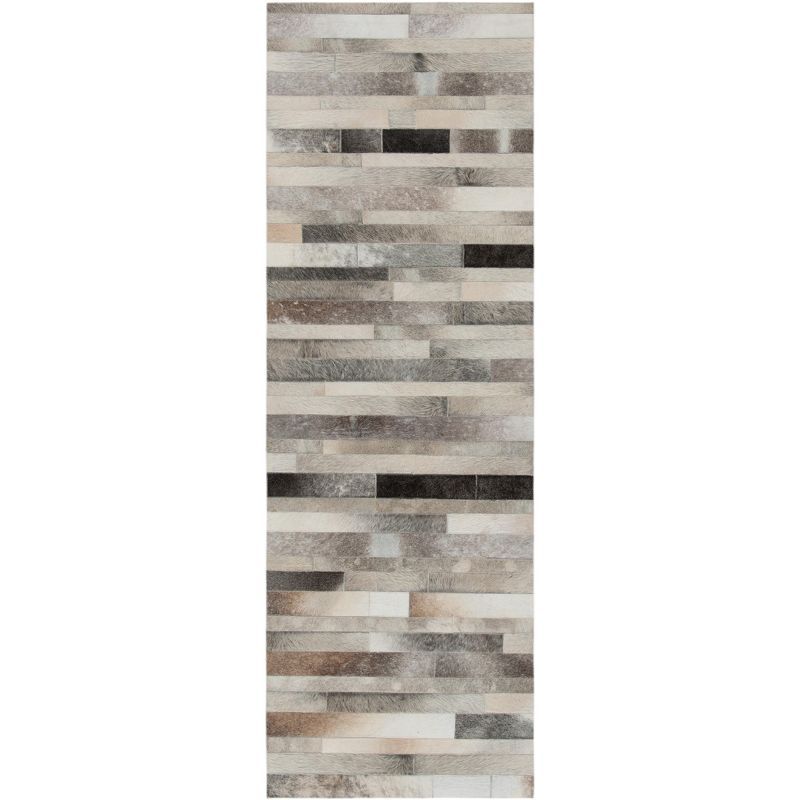 Hand-Knotted Geometric Gray Cowhide Rug 2'3" x 8'