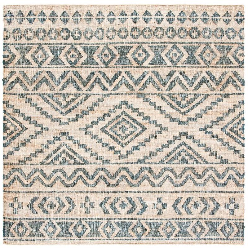 Gray and Natural Cotton Handmade Kilim Rug, 7' Square