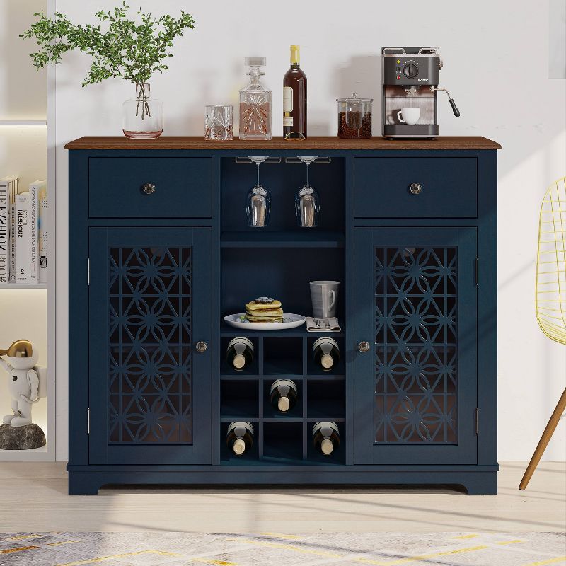 Navy Blue 47" Wine Cabinet with Glass Doors and Metal Rack