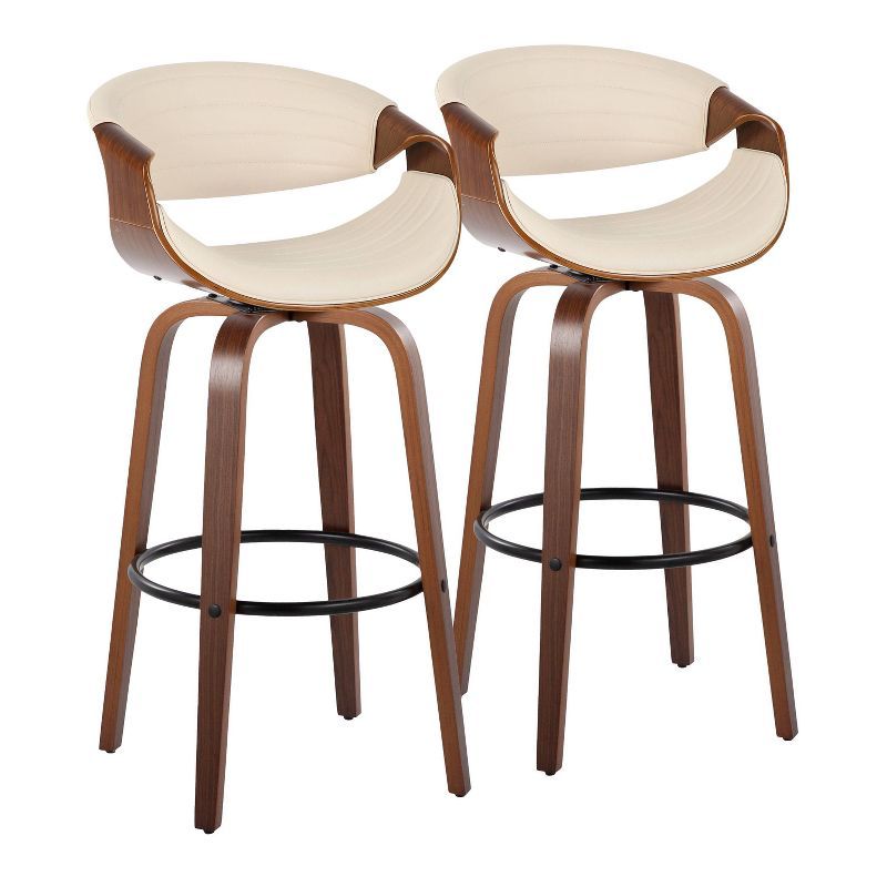 Walnut and Cream Swivel Bar Stools with Metal Footrest