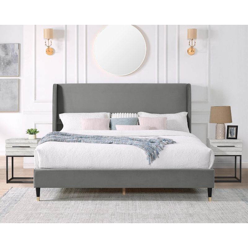 Gray Velvet Queen Wingback Platform Bed with Two Nightstands