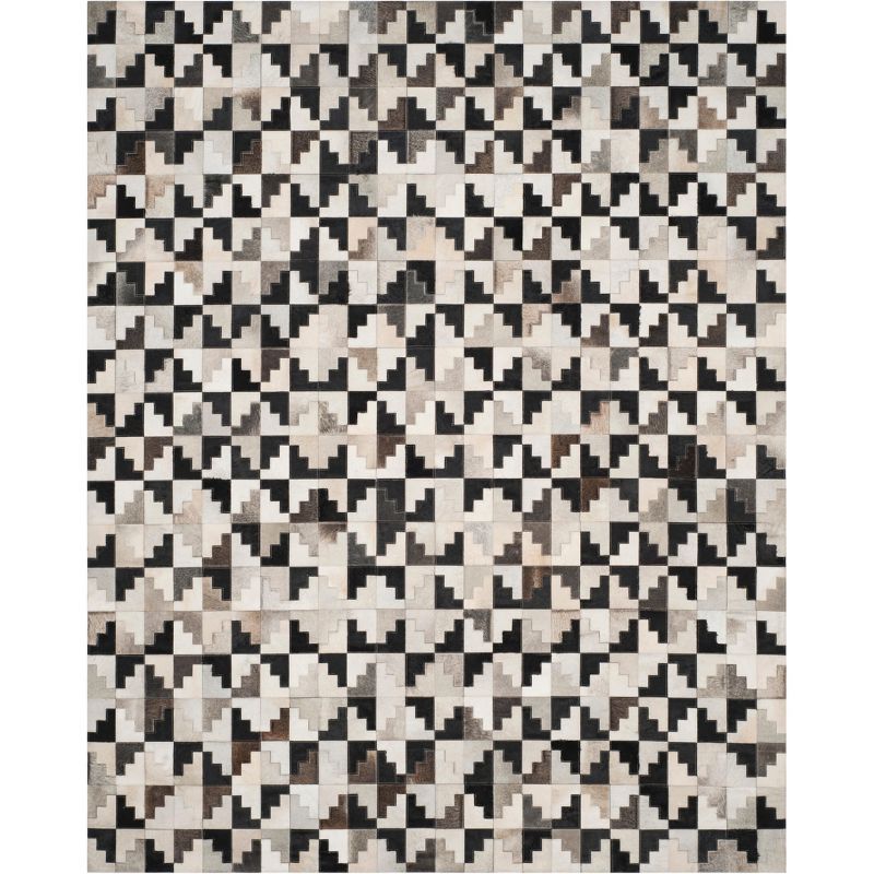 Ivory and Black Geometric Cowhide Patchwork Area Rug 8' x 10'