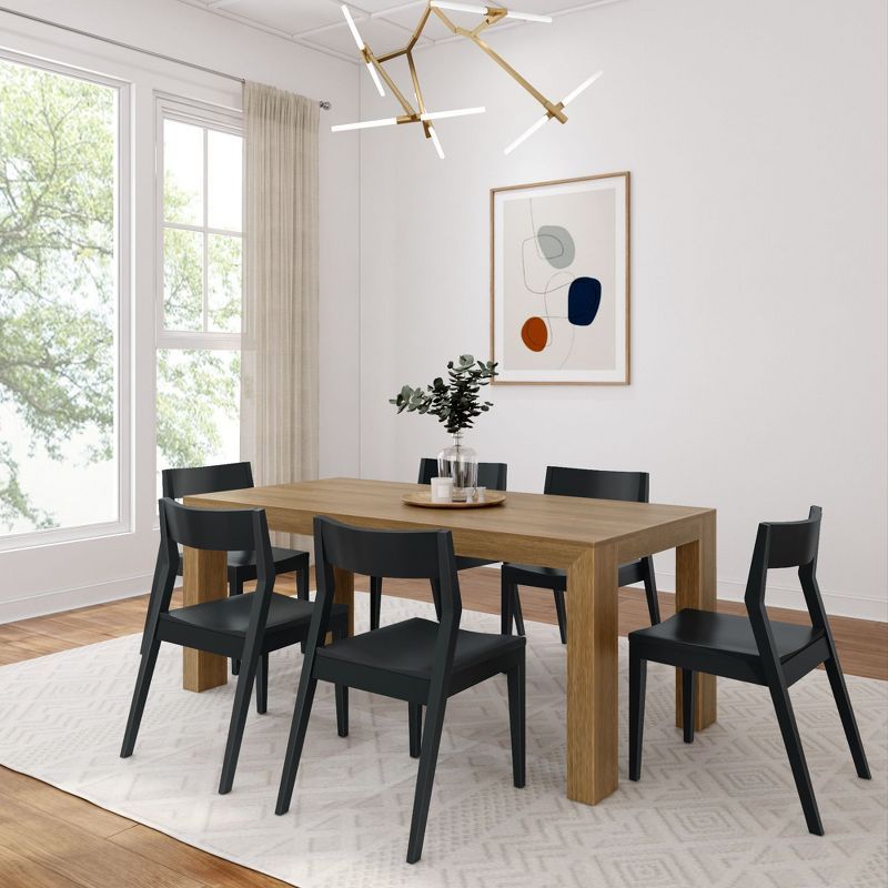 Modern Solid Pine Wood Dining Table Set with 6 Black Chairs