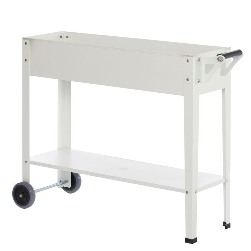 Elevated White Metal Mobile Planter Cart with Storage Shelf