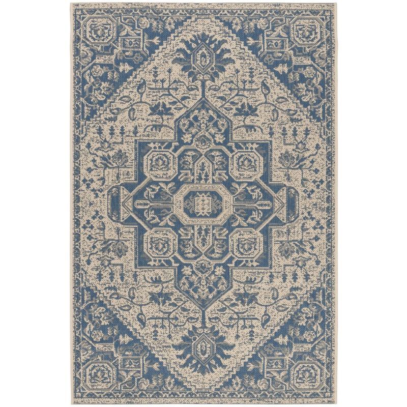 Cream and Blue Synthetic Easy Care Outdoor Rug