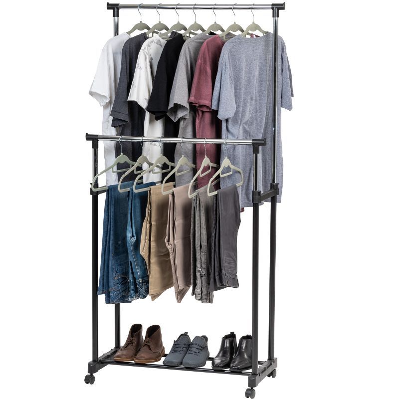 Adjustable Black Double Rod Clothes Rack with Wheels